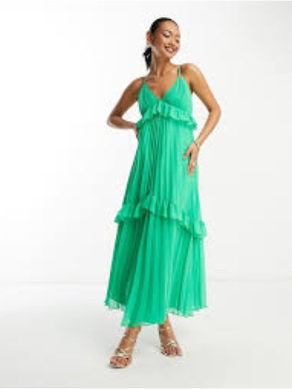 ASOS Design Strappy Pleated midi Dress with frills in green